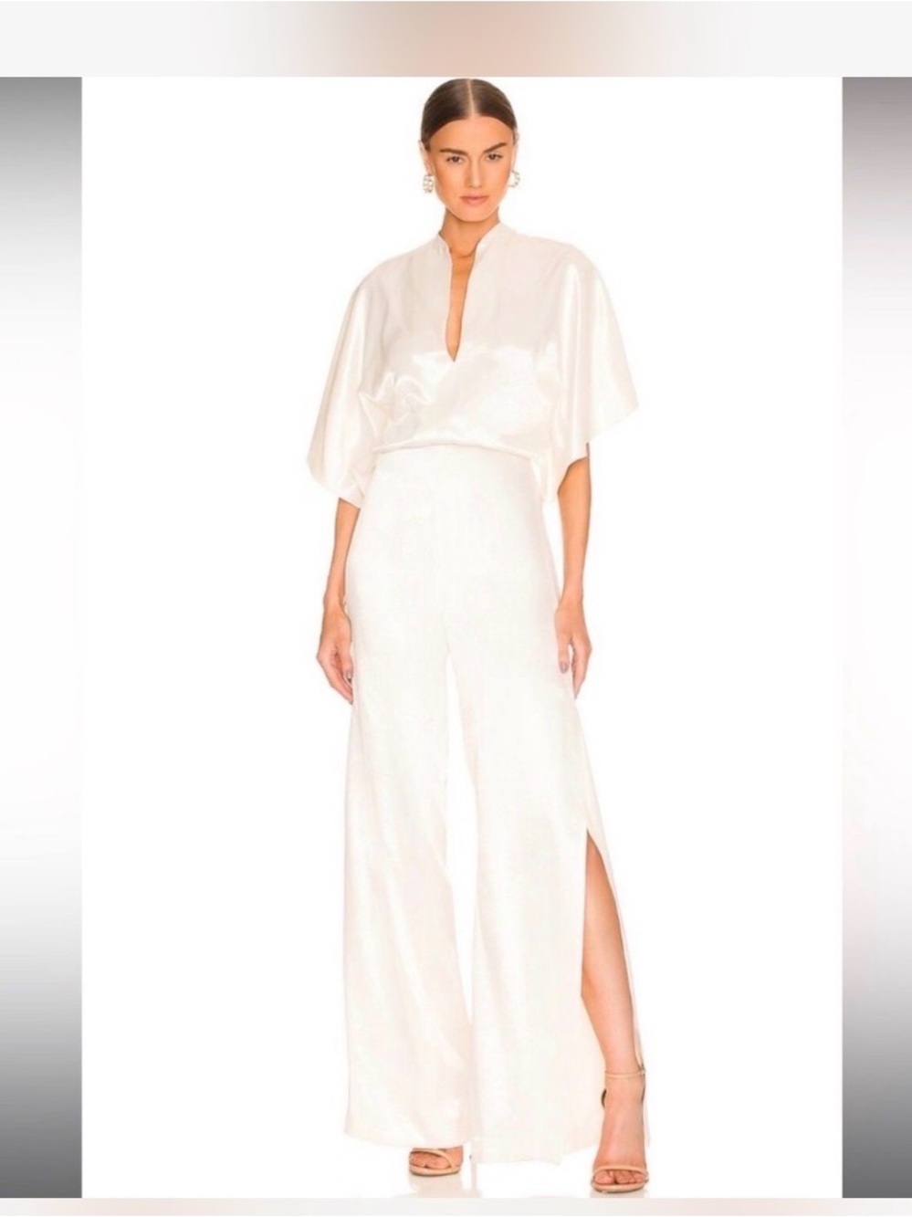 NWT $605 Alexis Cream Satin Wide-Leg Jumpsuit with High Side Slit